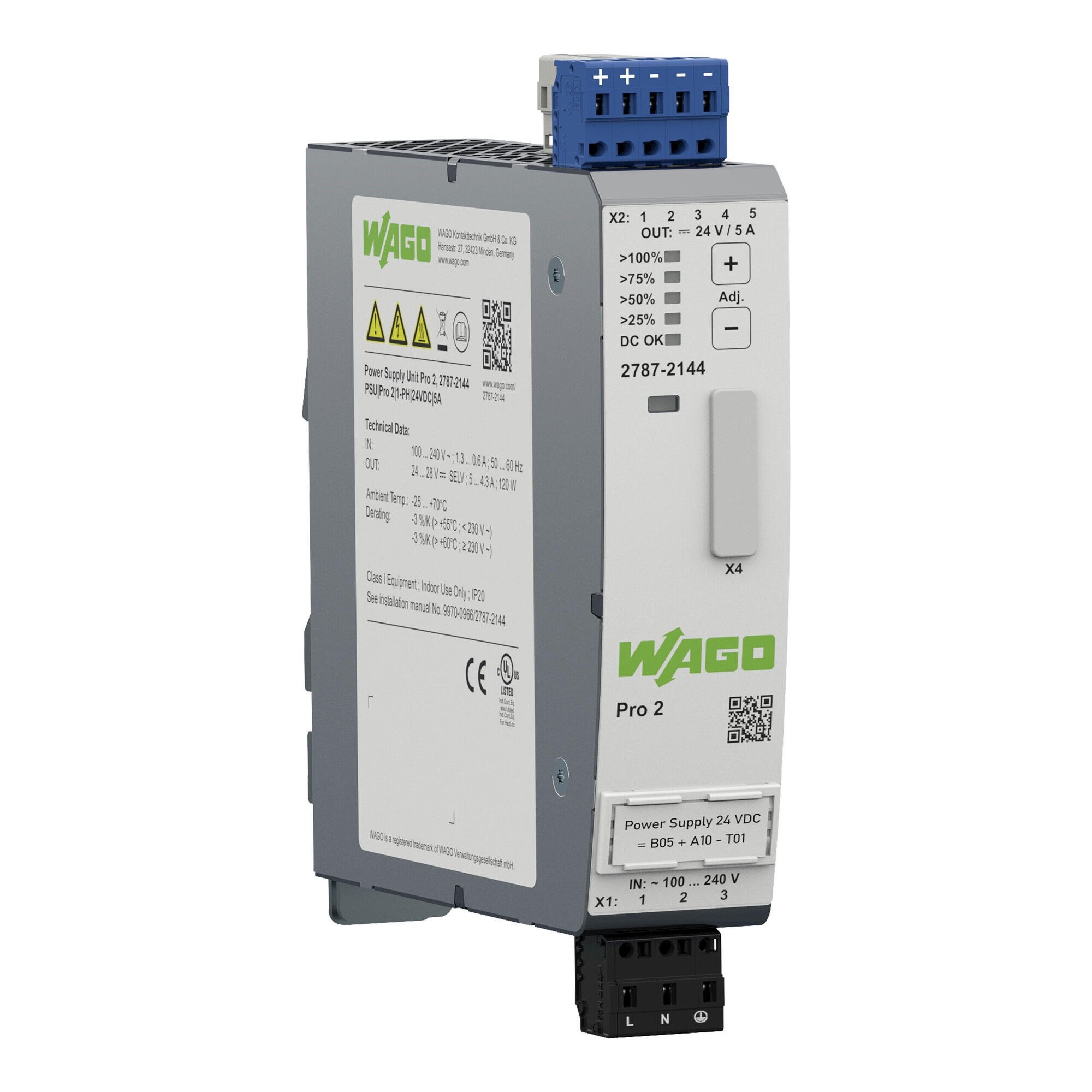 WAGO Power Supply; Pro 2; 1-phase; 24VDC; 5A