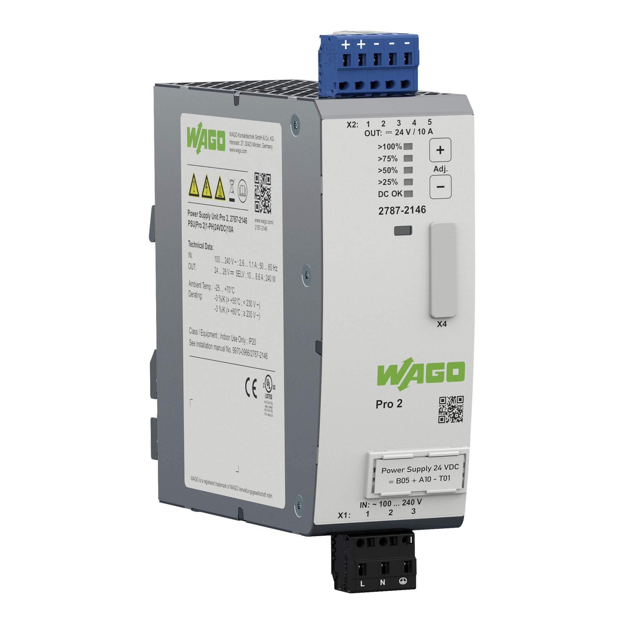 WAGO Power Supply; Pro 2; 1-phase; 24VDC; 10A